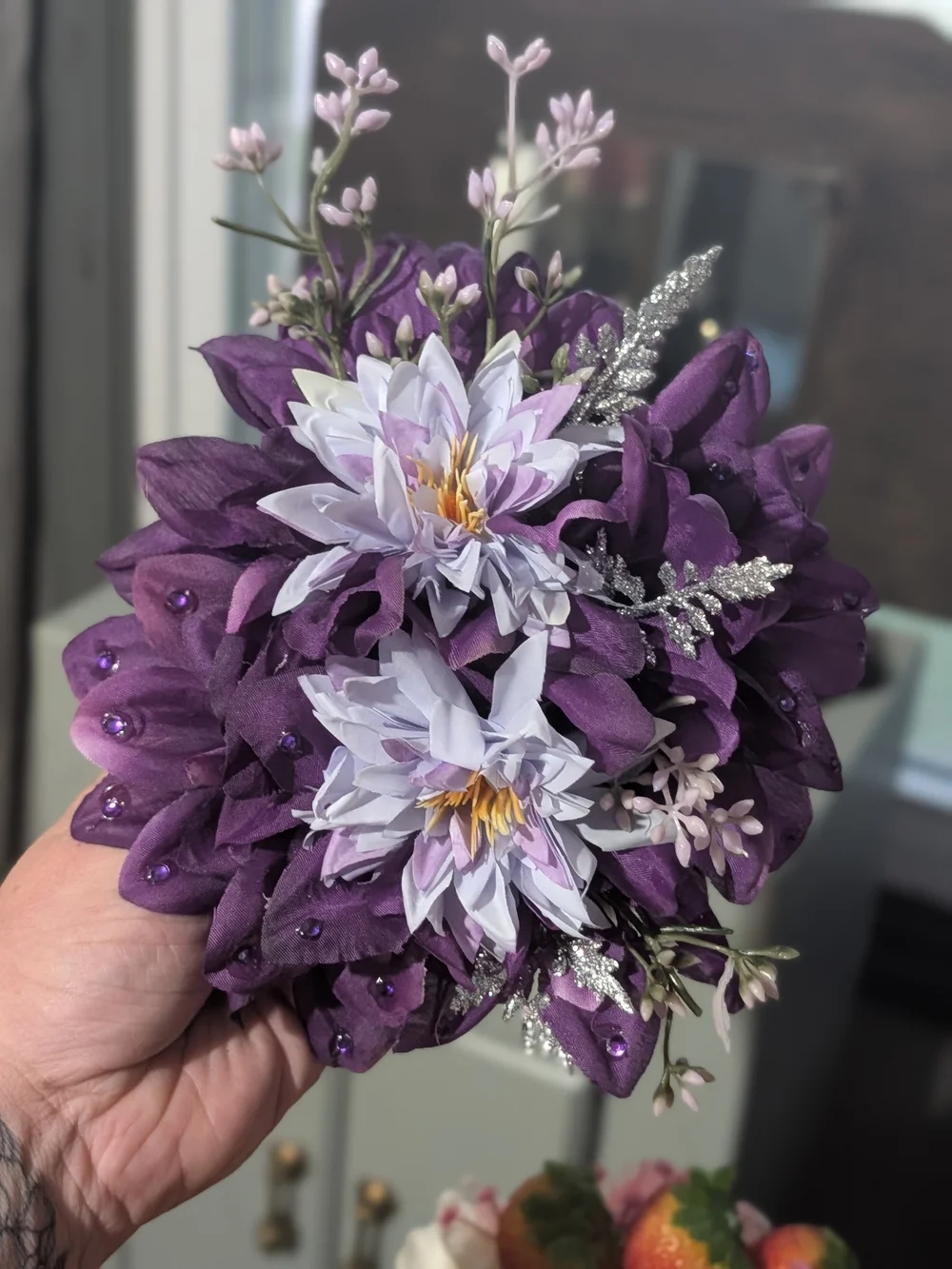 Handmade Purple And Silver Sparkly ✨ Hair Flower Clip
